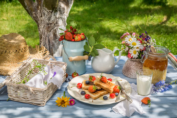Toast, fruit and honey for breakfast