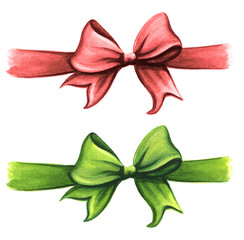 Red and green gift ribbon bow set isolated on white
