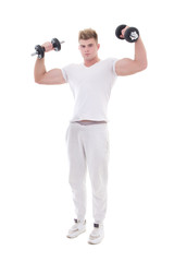 Fototapeta na wymiar young handsome man in sportswear doing exercises with dumbbells