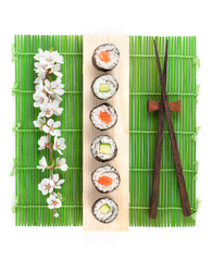 Sushi maki set with salmon and cucumber and sakura branch