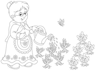 Granny watering vegetables