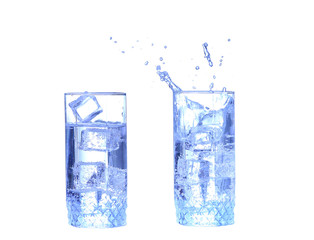 Collage Glass of water, ice and slice of fresh lemon on a white background