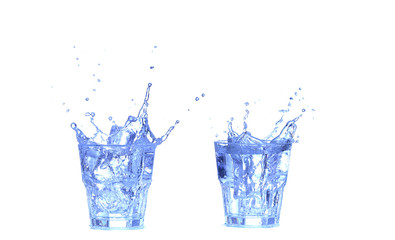 Collage Glass of water, ice and slice of fresh lemon on a white background