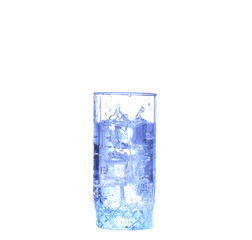 Glass of water, ice and slice of fresh lemon on a white background