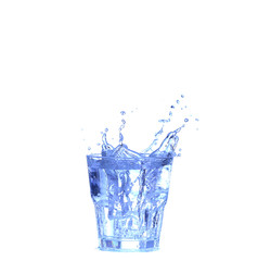 Glass of water, ice and slice of fresh lemon on a white background