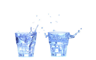 Collage Glass of water, ice and slice of fresh lemon on a white