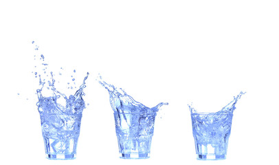 Collage Glass of water, ice and slice of fresh lemon on a white background