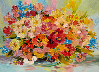 Obrazy  Obraz olejny - kolorowy bukiet letnich kwiatów na abstrakcyjnym tle