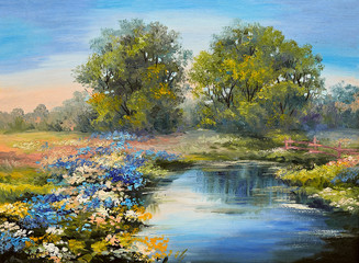 Oil painting landscape - river in the forest, colorful fields of flowers - 84333581