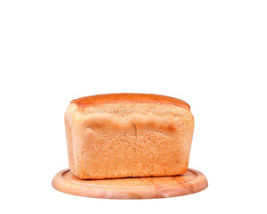 Sliced bread on a wooden chopping board isolated on white