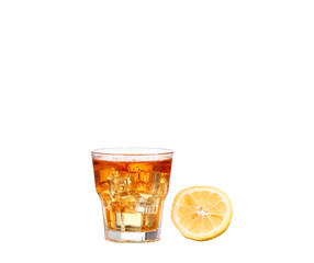Cold glass of iced tea with ice cubes, isolated on white background with clipping path