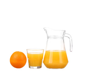 Orange juice and slices of orange isolated on white
