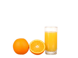 Glass of freshly pressed orange juice with sliced orange 