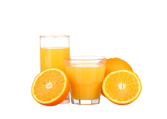 Glass of freshly pressed orange juice with sliced orange 