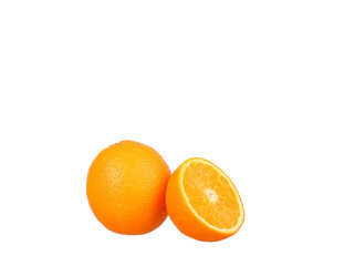 Orange fruit half and two segments or cantles isolated 