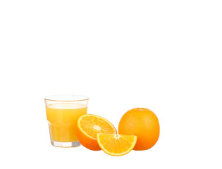 Glass of freshly pressed orange juice with sliced orange 
