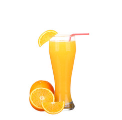 Glass of freshly pressed orange juice with sliced orange 