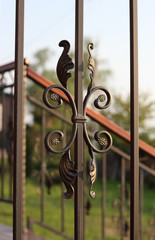 Wrought-iron fence elements of railing on defocesed background