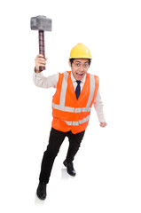 Construction worker with hammer isolated on white