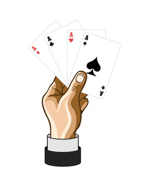 Vector hand with game cards. Comic illustration