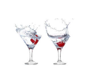 collage Strawberries, ice cubes into the glass