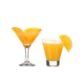 collage,pouring Orange juice and slices of orange isolated
