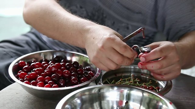 Man pitting sour cherries