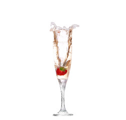 Single Strawberry splashing into a glass 
