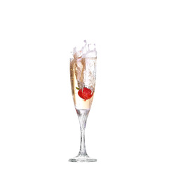 Single Strawberry splashing into a glass 