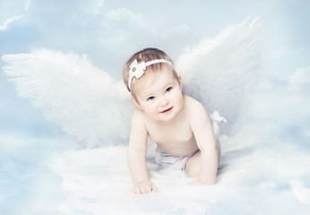 Baby Angel Wings, Angelic Cupid Kid, Child at Blue Sky Cloud
