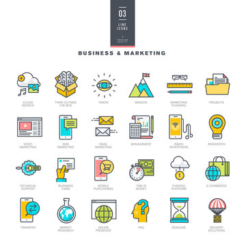 Set of line modern color icons for business and marketing    