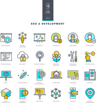 Set of line modern color icons for SEO and web development    