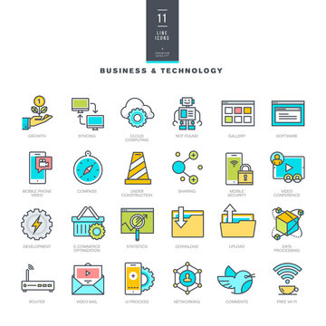 Set of line modern color icons for business and technology    