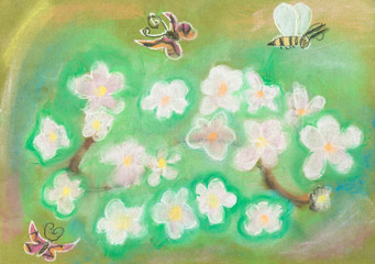 Fototapeta na wymiar children drawing - Butterflies fly over meadow