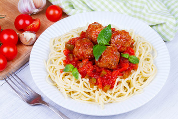 Spaghetti with meatballs in tomato sauce