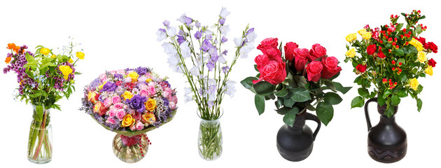 set of bouquets of flowers in vases isolated