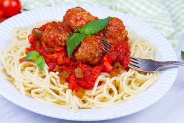 Spaghetti with meatballs in tomato sauce