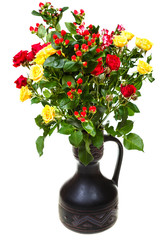 bouquet of yellow, red roses and hypericum flowers