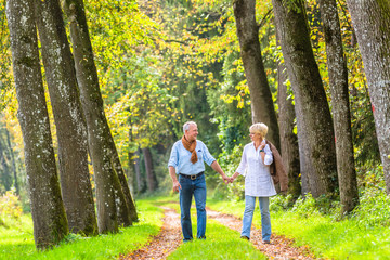 Senior Mann und Frau halten Hand bei Spaziergang