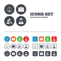 Scales of Justice icon. Auction hammer and case.