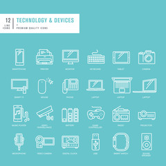 Set of thin lines web icons for technology