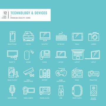 Set of thin lines web icons for technology