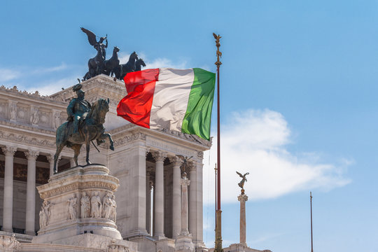Italian national flag in front of Altare della Patria