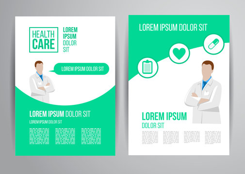 Healthcare Brochure With Doctor. Flyer Design Medical Concept For Clinic Marketing.