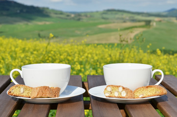 Two coffee cups and cantuccini on the wooden table against Tusca