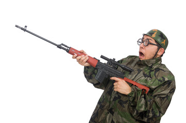 Military man with a gun isolated on white