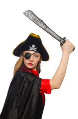 Obraz premium Pretty pirate girl holding sword isolated on white