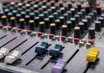 Fototapeta na wymiar Sound mixer control panel, audio controls