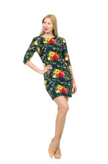 Woman in dark green floral dress isolated on white
