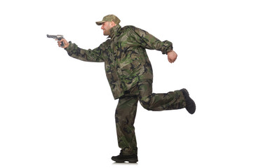 Running soldier with a handgun isolated on white
